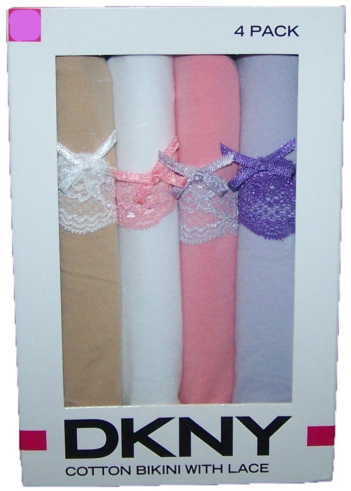 DKNY Womens Cotton Bikini with Lace 4 Pack Underwear Panties Tan Wht