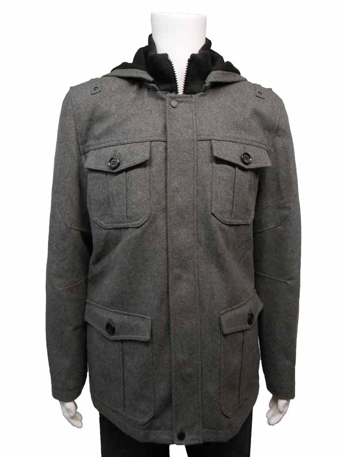 Black Rivet Mens Wool Blend Coat with Removable Hood NWT Lt Grey Large